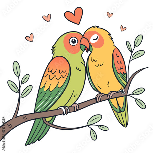 Two lovebirds kissing on a branch tree