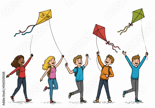 Illustration of a diverse group of happy children flying colorful kites outdoors, symbolizing fun, freedom, and childhood joy under a bright sky.