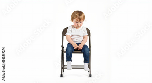 Sad child sitting on folding chair against white background with copy space
