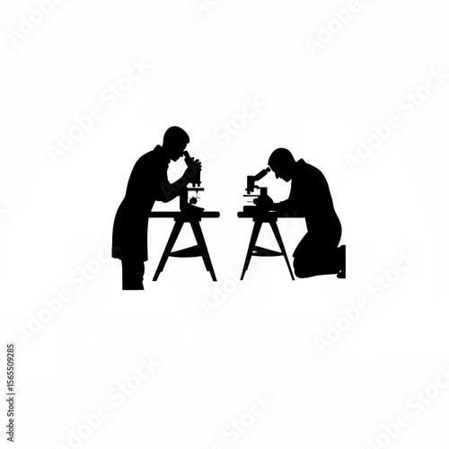 Silhouette of scientists looking at samples under a microscope on white background