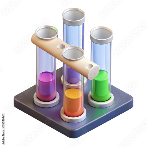 Photo of four test tubes with colorful liquids in a unique rack, isolated on transparent background