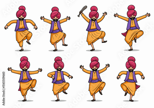Set of vector cartoon illustrations showing a Punjabi man performing energetic Bhangra dance moves in traditional clothing with a turban, celebrating culture and joy.