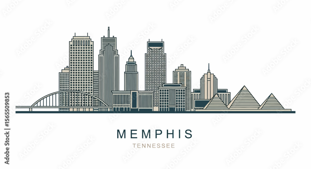 Naklejka premium Memphis Tennessee Skyline, Architectural Line Art, Cityscape, Bridge, Pyramids
