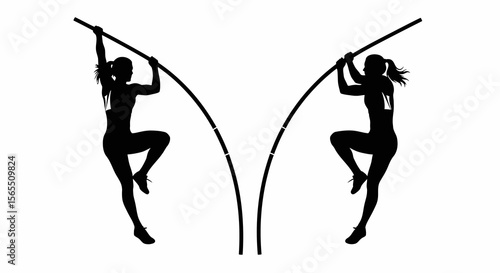 Two Black Silhouettes of Female Pole Vaulters in Action, White Background