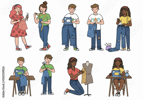 Diverse people sewing, repairing, and upcycling clothes for sustainable fashion