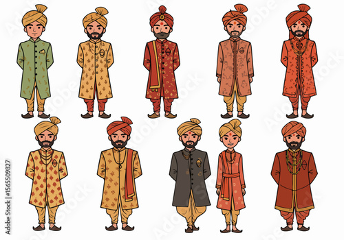 Collection of diverse Indian men wearing traditional wedding or ceremonial attire, including colorful sherwanis and turbans, in a charming illustration style.
