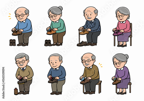 Collection of illustrations depicting elderly men and women performing shoe care tasks like cleaning, polishing, and putting on their shoes, showcasing daily hygiene and independence in old age.
