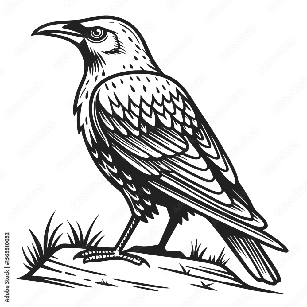 Fototapeta premium Black bird perched on grassy ground black and white