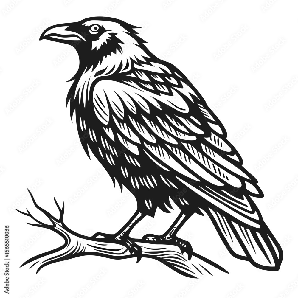 Fototapeta premium Black raven perched on a branch crow bird