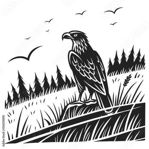 Majestic eagle perched in grassy field with soaring birds