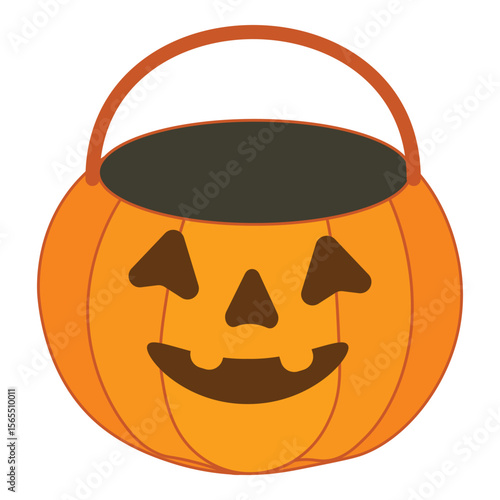 Vector illustration of a pumpkin candy bucket with a carved face, for sweets. Fun Halloween element perfect for trick-or-treat graphics, party invitations, and festive decorations.
