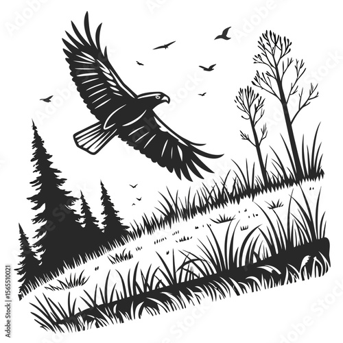 Eagle soaring over grassy landscape with trees bird