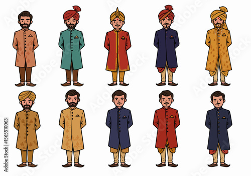Collection of Cartoon Indian Men in Traditional Sherwanis, Kurtas, and Turbans, Suitable for Wedding and Festive Themes