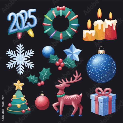 vector Happy New Year Celebrating 2025 in Latin letters , Christmas Decoration Items Santa Claus
