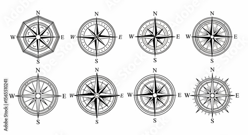 Eight Vintage-Style Compass Rose Illustrations: Octagonal, Circular, and Starburst Designs in Black Ink