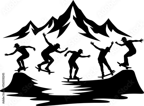 Skateboarders in Mountains Silhouette vector bundle