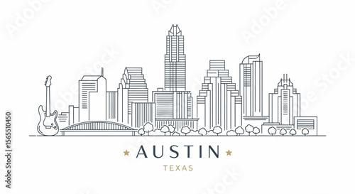 Line Art Illustration of Austin, Texas Skyline Featuring Electric Guitar