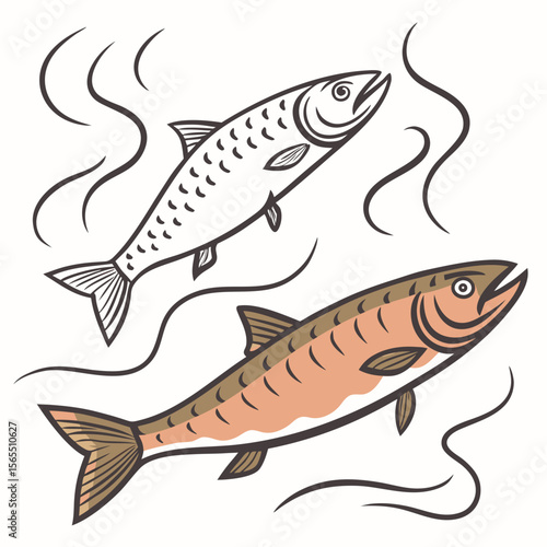 Salmon swimming with stylized water fish aquatic