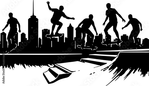 Skateboarders in Mountains Silhouette vector bundle