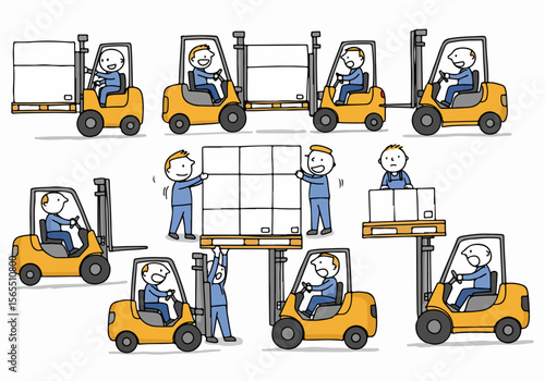Cartoon illustration of people and forklifts working together in a warehouse environment, handling pallets and boxes, depicting logistics and material handling operations.