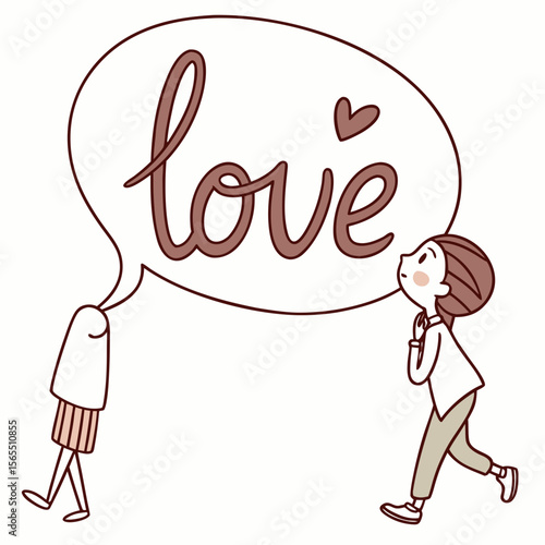Two people sharing love heart speech bubble