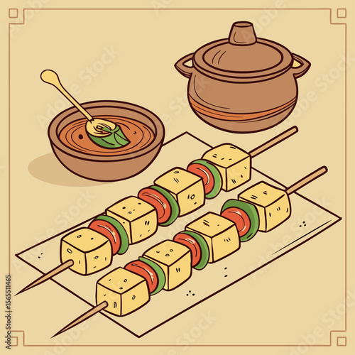 Indian Vegetarian Skewers with Paneer and Chutney Illustration