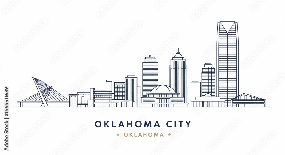Naklejka premium Line Art Skyline of Oklahoma City, Oklahoma, USA, with Modern Architecture and Bridge