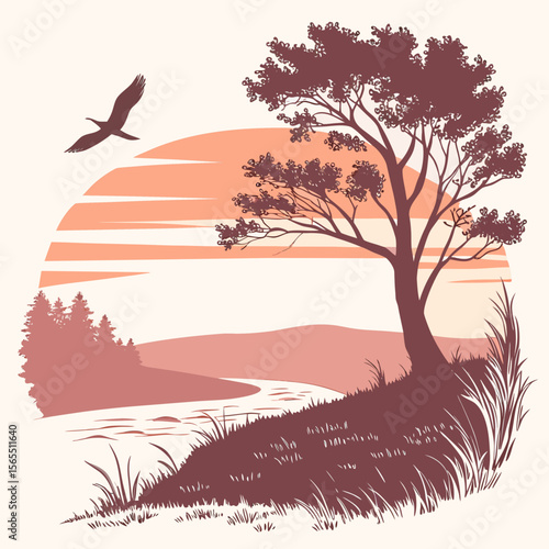 Majestic tree and soaring bird at sunset nature landscape