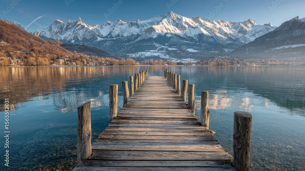 Wooden pier annecy lake winter alps mountains Wooden pier annecy lake winter alps mountains