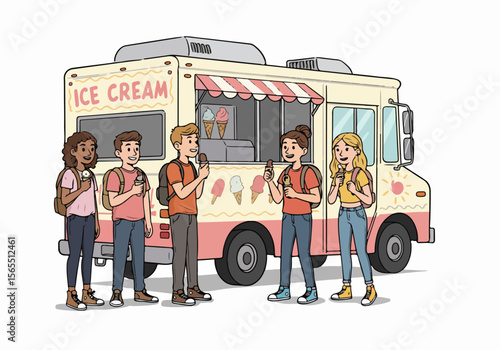 Happy friends eating ice cream cones and popsicles in front of a cheerful ice cream truck illustration.