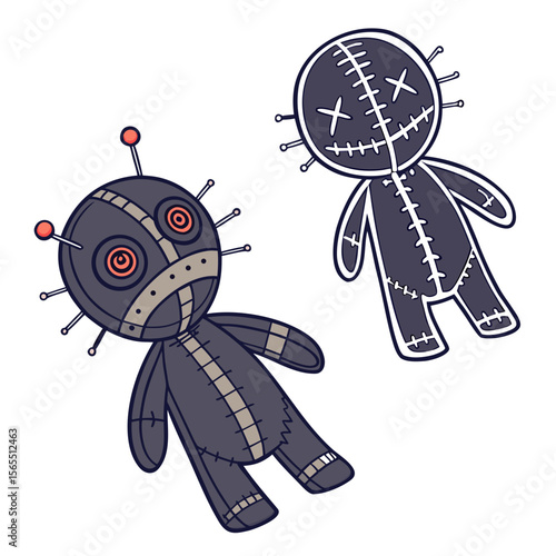Two dark voodoo dolls with pins stitched creepy