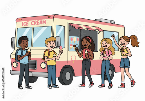 Diverse group of happy children buying and enjoying ice cream from an ice cream truck on a sunny day