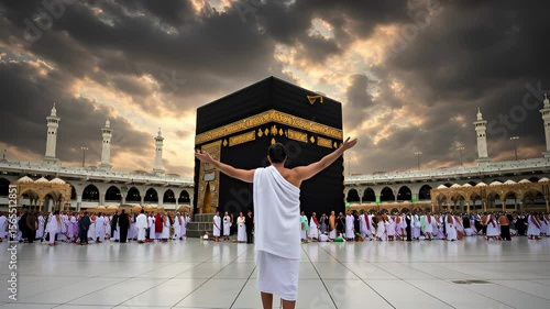 Pilgrims gathering around the Kaaba in Mecca, Saudi Arabia, during the Hajj season, showcasing
