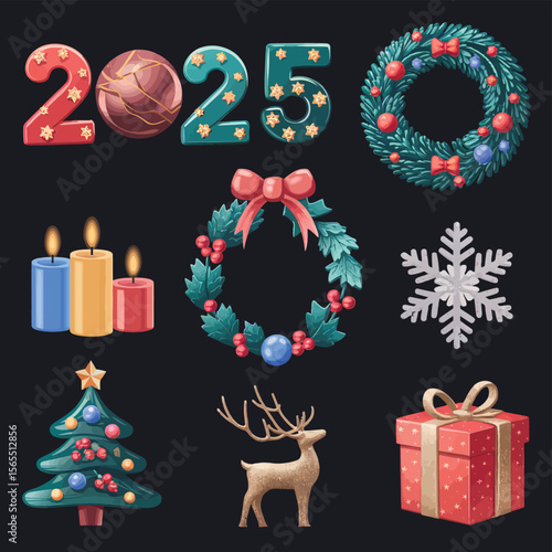 vector Happy New Year Celebrating 2025 in Latin letters , Christmas Decoration Items Santa Claus
