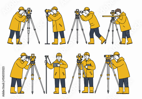 Set of illustrations showing land surveyors performing various measurement tasks on a site using professional surveying equipment with tripods and levels.