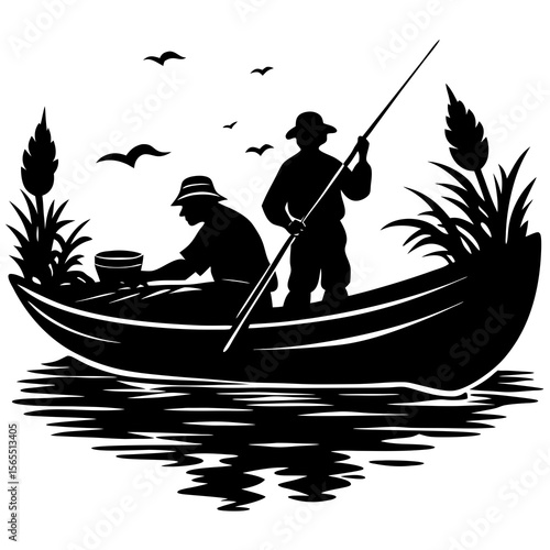 fishermen on fishing boat shilhoutte on white background
