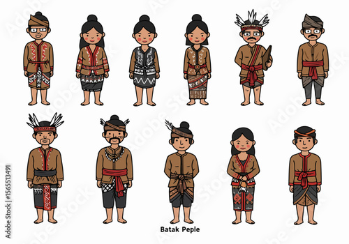 Set of Cute Cartoon Illustrations Featuring Batak People from Indonesia in Traditional Ethnic Clothing Representing Diverse Cultural Attire and Heritage