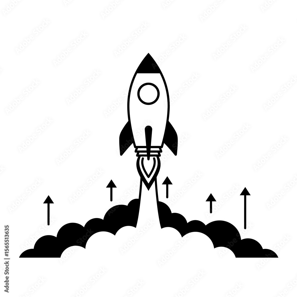 Fototapeta premium Rocket launching upwards with smoke and flames, symbolizing progress and ambition in a simple, graphic style.