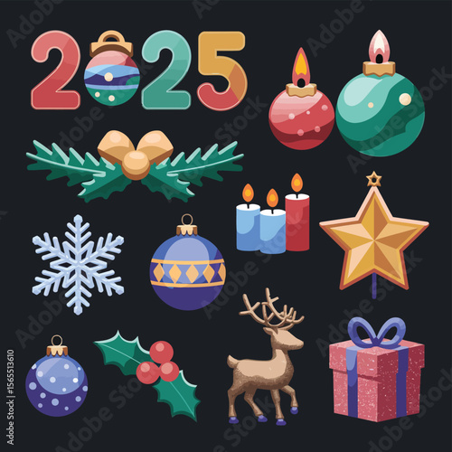vector Happy New Year Celebrating 2025 in Latin letters , Christmas Decoration Items Santa Claus
