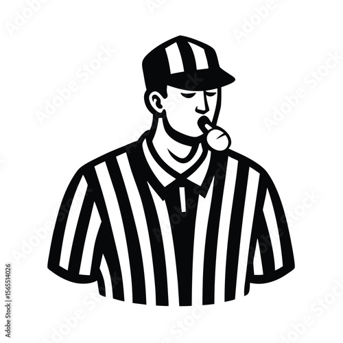 Referee blowing whistle wearing striped shirt silhouette vector illustration