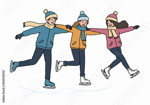 Illustration of three smiling friends ice skating together, holding hands, wearing winter clothes.
