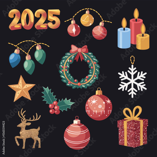 vector Happy New Year Celebrating 2025 in Latin letters , Christmas Decoration Items Santa Claus
