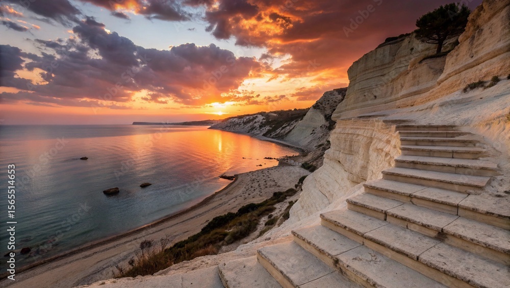 Obraz premium White Cliffs Staircase Sunset Sicily Coast