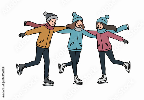 Happy Friends Ice Skating Together in Winter Illustration