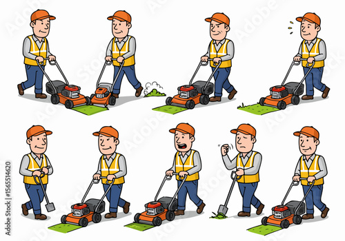 Set of Cartoon Illustrations: Man Character Doing Lawn Care and Yard Work with Mower and Shovel, Showing Actions and Expressions