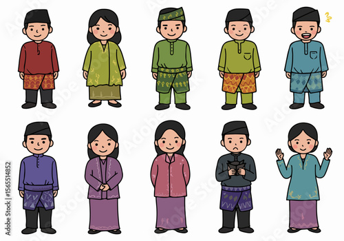 Cartoon illustrations of Malay/Malaysian/Indonesian people wearing traditional Baju Melayu and Baju Kurung, showcasing cultural diversity and traditional attire.