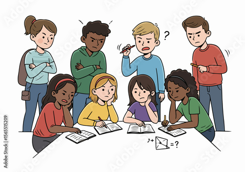 Diverse group of students look confused and frustrated while struggling with a difficult math problem during a study session.