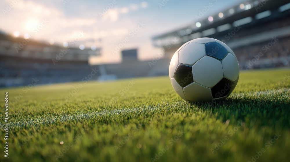 Fototapeta premium Ball on the green field in soccer stadium. Ready for game in the midfield. Soccer ball close-up.