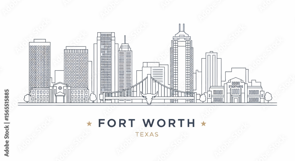 Fototapeta premium Minimalist Fort Worth, Texas Skyline Illustration with Buildings and Bridge
