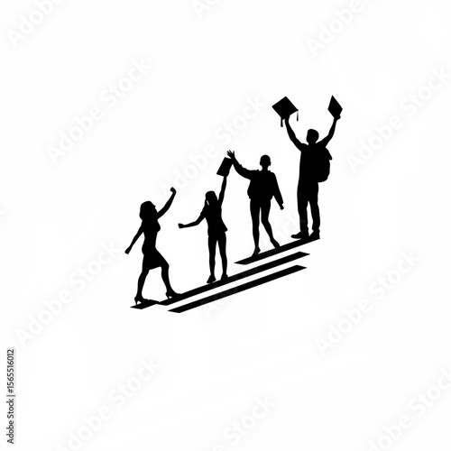 Silhouette of teachers and students celebrating achievements together on white background